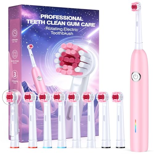 Teeaegis Rotating Electric Toothbrush with 8 Brush Heads for Adults and Kids 3 Modes Rechargeable Power Toothbrush with 2-Minute Smart Timer 45-Day Battery Life (Pink)