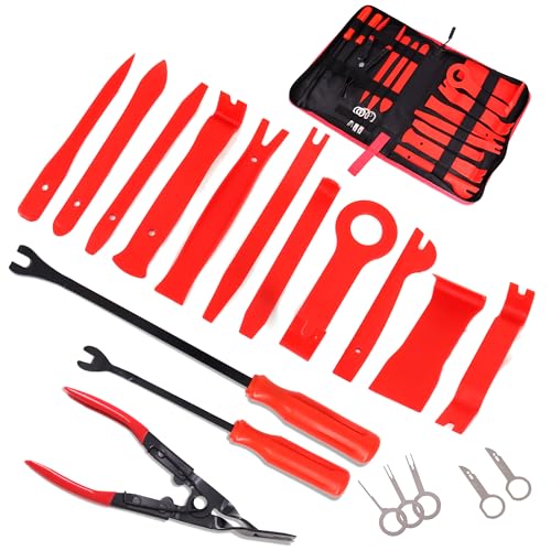 CZJCMECH 19Pcs Trim Removal Tool Kit, Auto Clip Pliers Fastener Remover Set,Plastic Pry Tool Repair for Car Panel Dashboard,Audio,Dash,Window,Clip and Upholstery with Storage Bag,Red
