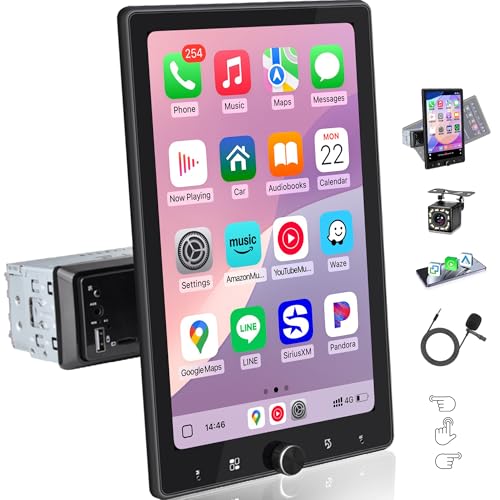 10.4" Single Din Car Stereo Wireless Carplay, Rotating HD 1280 * 800 IPS Display Touchscreen, Car Radio with Bluetooth 5.2, FM Radio, Android Auto, Backup Camera