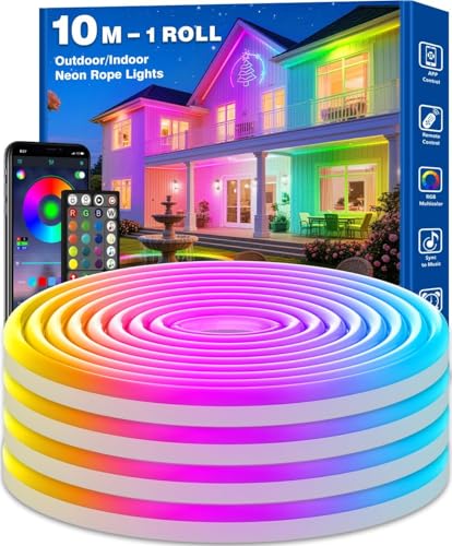 AHRLHR 10m Neon Rope Lights IP68 Waterproof, LED Strip Light for Outdoor Indoor, Flexible RGB LED Strip Lights Controlled by APP & Remote, Music Sync Gaming Strip for Game Room