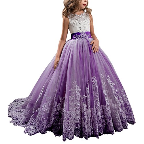 Girls Pageant Dress with Train Long Princess Lilac Kids Prom Puffy Tulle Ball Gown