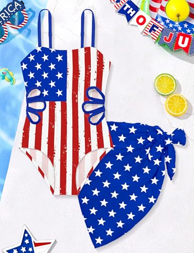Image of Girls Swimsuit Adjustable Straps Cut Out One Piece Bathing Suit with Solid Color Cover Up Skirt Girls' Swimwear 5-16Y
