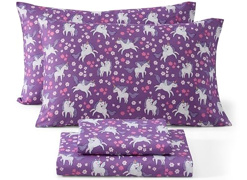 HLC.ME Purple Unicorn Printed Girls Kids Bed Sheets - 3 Piece Patterned Bed Sheet Set - Wrinkle Resistant & Ultra Soft - Fits Mattresses up to 15 Inches Deep - Twin