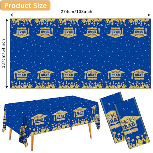 Image of Graduation Decorations 2026-2 Pcs Blue and Gold Gongrats Grad Tablecover for Graduation Party Decorations, Class Blue Plastic Table Covers 54 inchx108 inch