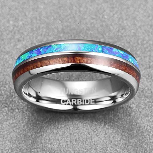 Vakki 6mm 8mm Hawaiian Koa Wood Tungsten Rings for Men Blue Created Opal Wedding Band Dome Style Comfort Fit Size 6-144