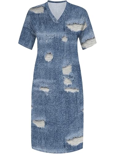 Image of SUZONANA Plus Size Denim Print Maxi Dresses for Women Casual V Neck Short Sleeve with Pockets Soft Jean Look Dress XL-6XL