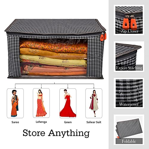 Image of Kuber Industries Saree Cover|Rexine Foldable Matty Check Design|Transparent Window Wardrobe Organizer with Plastic Slider Zip|Extra Large (Gray)