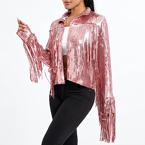 FEORJGP Women Sparkly Sequin Jacket Shiny Glitter Tassel Fringe Hem Disco Jacket Sequin Fringe Jacket Coat Y2K 90s Streetwear4