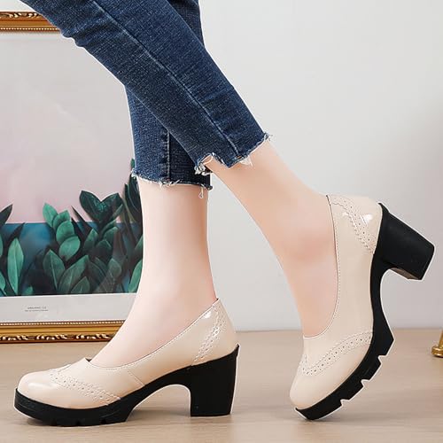 Women's Patent Leather Wingtip Chunky Block Heel Pumps Round Toe Classic Comfortable Slip On Work Office Dress Shoes Formal Vintage Wedding Shoes4