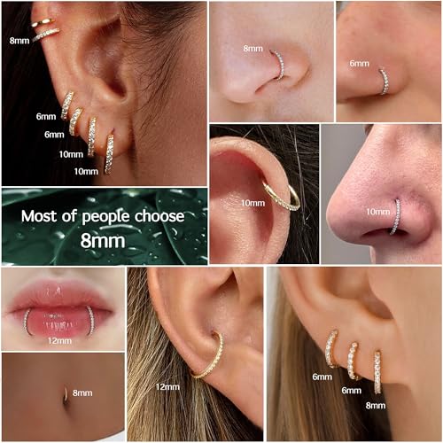 BodyBonita CZ Nose Rings Hoop - 316L Surgical Steel Body Piercing Hoop Clicker 20/18/16G Earrings Jewelry Cartilage Helix Rook Tragus Conch Daith Ring 6/7/8/9/10/11/12mm - Gold Plated/Silver/Black3
