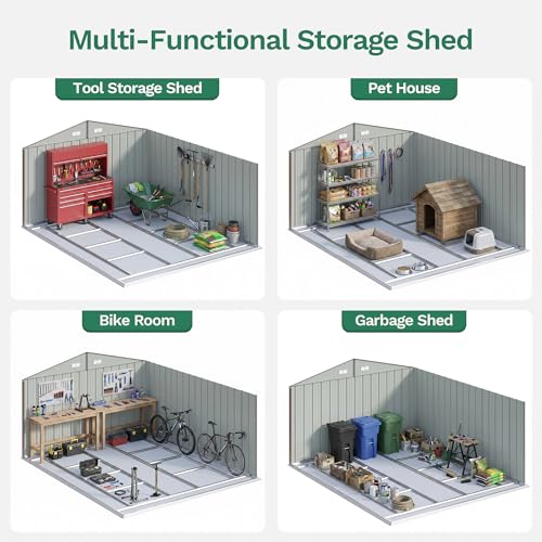 Image of Devoko 10x12 FT Outdoor Storage Shed with Galvanized Steel Floor Base, Metal Tool Shed with Slooping Roof for Garden Backyard Patio(Brown)