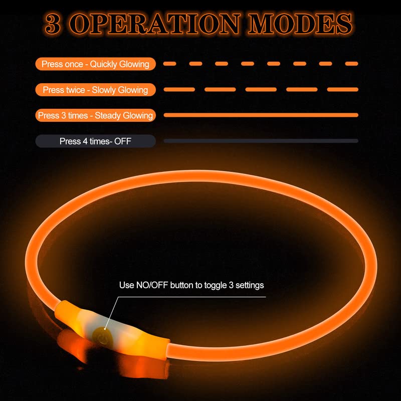 Sofore Collare Luminoso per Cani,Luz de Collare Luminoso Per LED Para la Oscuridad,USB Recargable 3 Modos de Flash Collare Luminoso per Cani Ricaricabile Tamaño Ajustable,Adecuado para Perros,Arancia