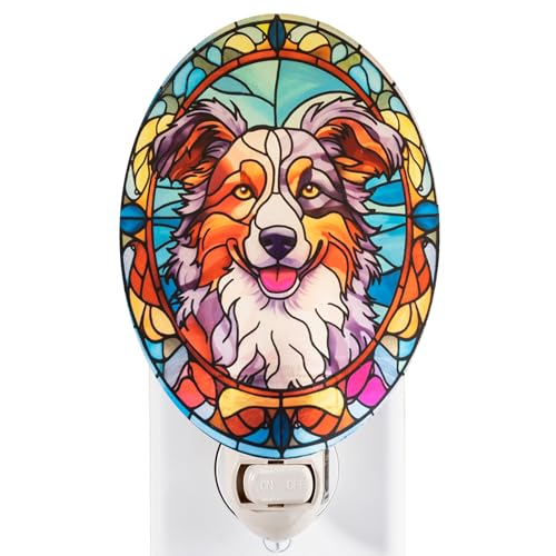Image of Stained Glass Styled Sheltie Night Light - Real Glass Plug-in Dog Night Light, Pet Memorial or Bedroom Decorative Accent for Home Decor