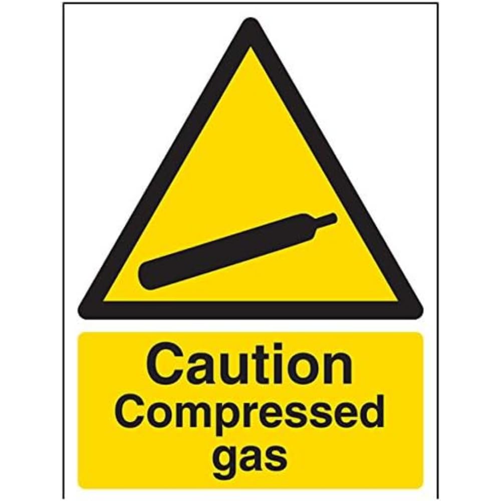 V Safety 6A010AN-S Caution Compressed Gas Warning Sign - Portrait - 150mm x 200mm - Self Adhesive Vinyl, Black/Yellow