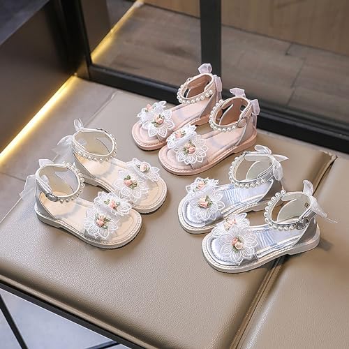 Little Girls Leather Flat Sandals Open-Toe Princess Shoes for Girls Floral Lace Pearl Dress Shoes Cute Strappy Sandals3