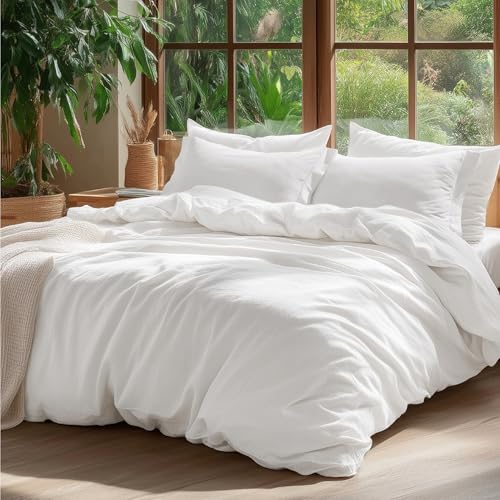 Bedsure 100% Washed Cotton Duvet Cover Twin Size - Natural White Minimalist Cotton Duvet Cover Linen Like for All Seasons - GentleSoft™ Plain Simple Bedding (Natural White, Twin, 68"x90")