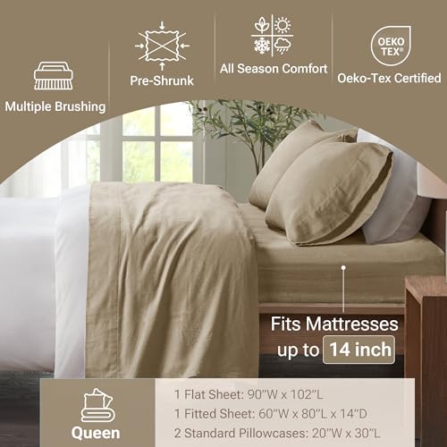 Image of True North by Sleep Philosophy Cozy Flannel Warm 100% Cotton Sheet - Novelty Print Animals Stars Cute Ultra Soft Cold Weather Bedding Set, Queen, Tan Solid 4 Piece