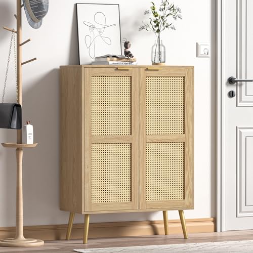 Skokliz Buffet de Cuisine en rotin avec 2 Portes, Armoire Buffet avec étagère réglable, pour Cuisine, Salon, Salle à Manger, Couloir, Bois, Style Maison de...