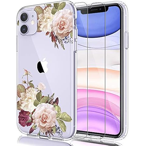 BSLVWG Clear Case for iPhone 11 with Screen Protector,Floral Flower Pattern Clear Design Transparent Plastic Hard Back Case with Soft TPU Bumper Protective Case Cover for iPhone 11(White Rose) Cover