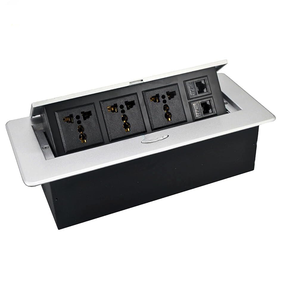 Image of COOLCOLD Hydraulic Cable Cubby Pop Up, Cable Manager Box with 3 Power Outlets & 2 RJ45 LAN Ports | Flip-Top Hidden Desk Module for Office, Home & Conference Table | Space-Saving Flush Mount Design