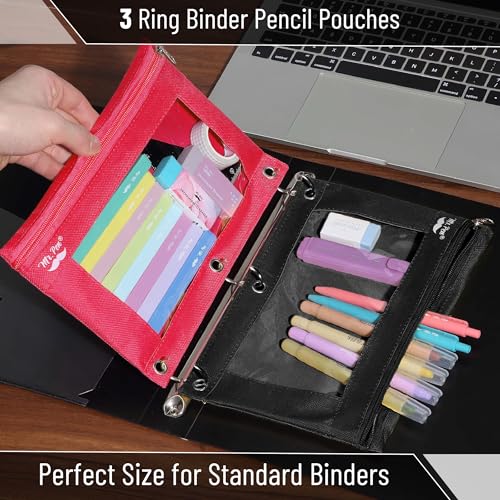 Image of Mr. Pen- Pencil Pouch for 3 Ring Binder, 2 Pack, 10 inchx6.75 inch, Smooth Zipper | Clear Window, Large Capacity Pencil Case with 3 Reinforced Grommets for School, Office, Supplies Storage | Clear Window, Large Capacity Pencil Case with 3 Reinforced Grommets for School, Office, Supplies Storage
