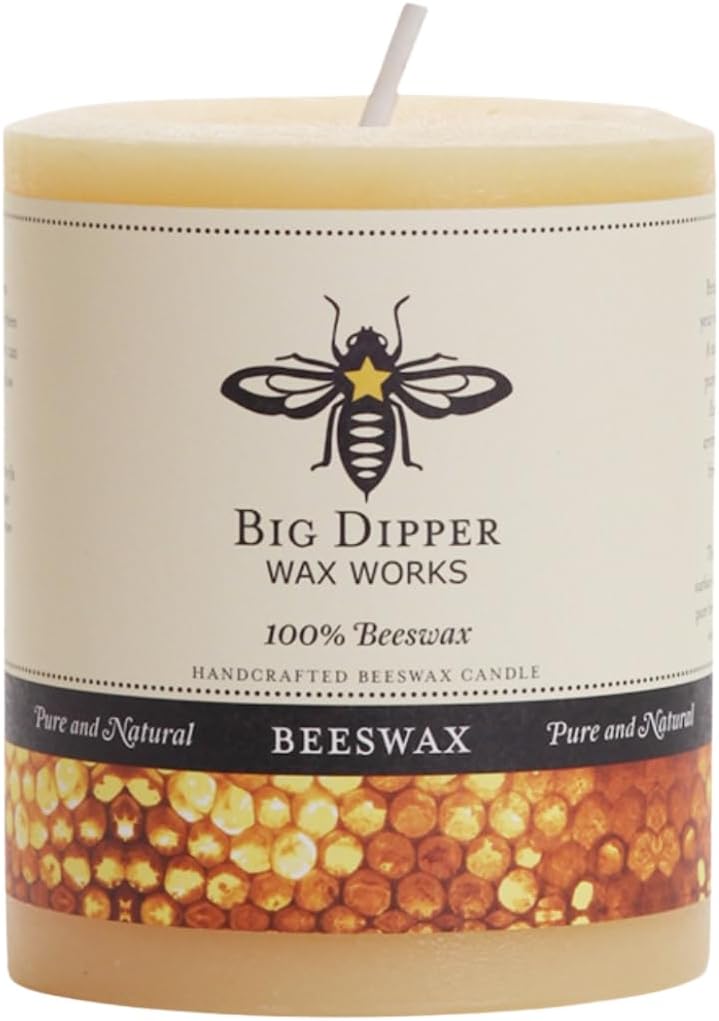 Big Dipper Wax Works 100% Pure Beeswax Pillar Candle, Medium 3″ x 3.5″, 60 Hour Burn, Handcrafted Honey Aroma, Clean Soot-Free Flame, Eco-Friendly Cotton Wick for Home Décor, Meditation & Relaxation