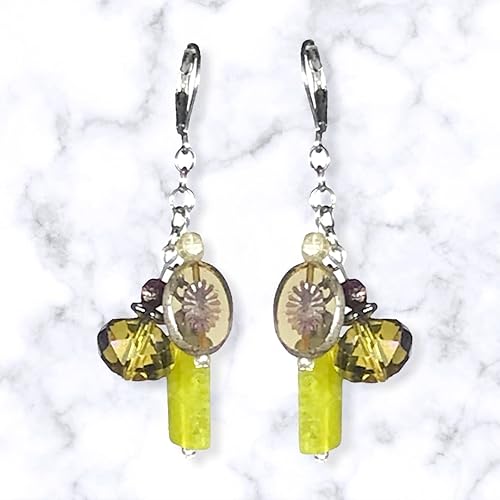 Miniatura 2 de CariCat Designs Boho Chic Flirty and Fun Lime Green with Translucent Czech Glass Beaded Drop/Dangle Earrings - French Wire Lever Backs