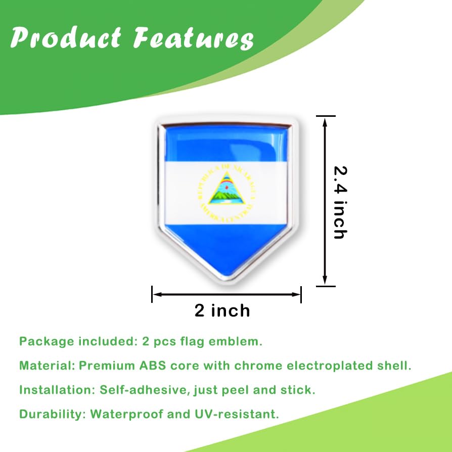 Image of Newperlite Nicaragua Flag Decal Sticker Car Emblem Nicaraguan Flag Car Decoration Accessories Chrome Shield for Truck Vehicles Cars, 2 Pack