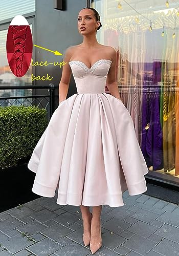 Women's Short Prom Dresses Ruched A-line Satin Sequins Tea Length Formal Evening Party Dress with Pockets - Image 3