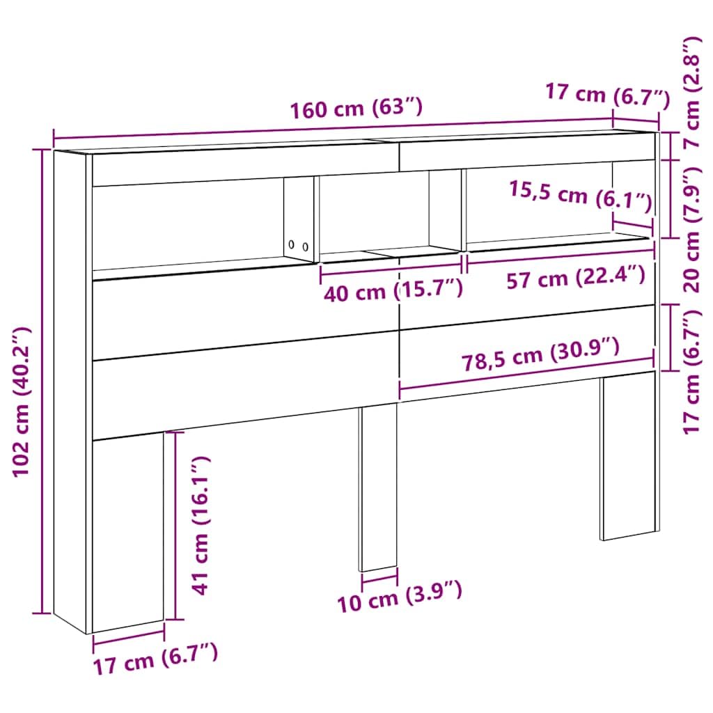 vidaXL LED-Kopfteil mit Ablagen Schwarz Eichen-Optik 160x17x102 cm, Kopfteil-Regal, Bettkopfteil mit Ablagen, Bett-Rückwand, Bettkopfteil