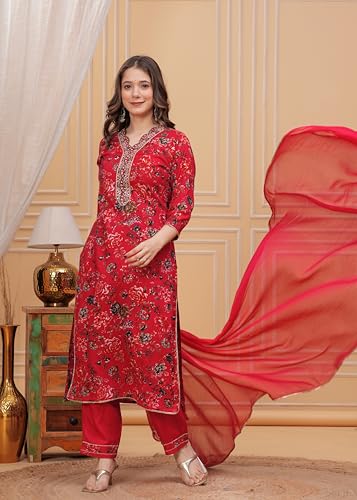 Image of MANHAREE | Women's Rayon Printed Straight Kurta with Pant & Dupatta Set