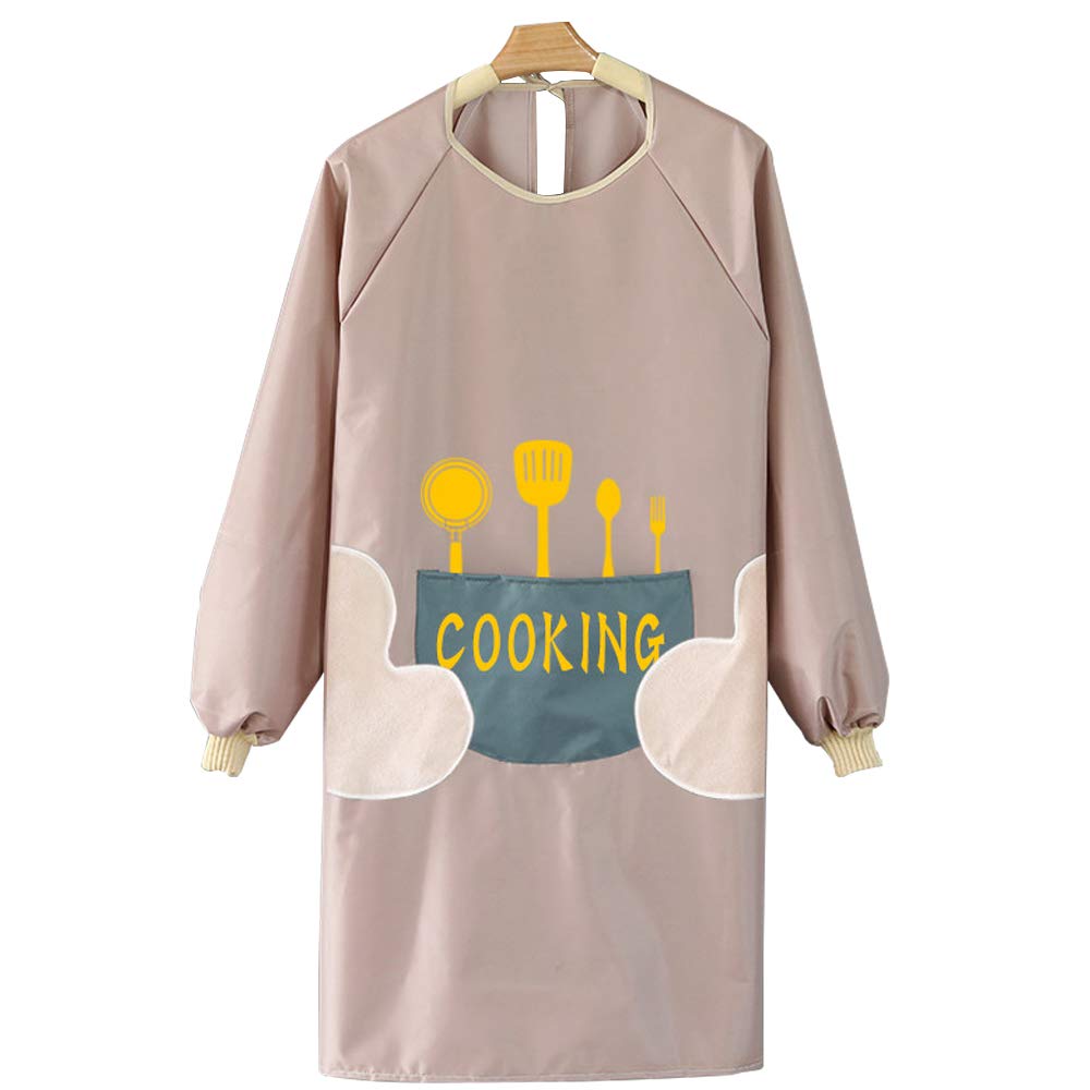 yeesn Long Sleeves Pockets Apron for Adults Artist Apron Kitchen Chef Smock for Cooking Gardening (Pink, Waterproof)