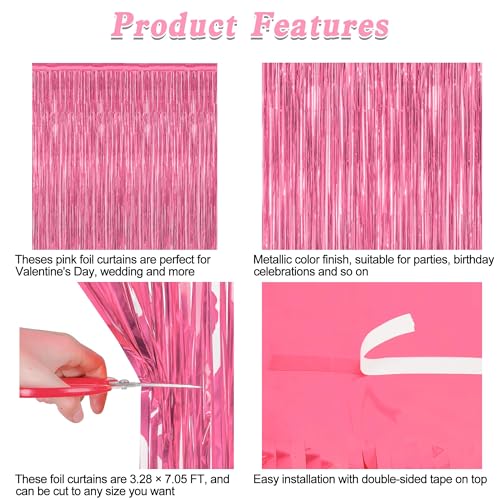 Image of ZATAYE 12 Pack Pink Backdrop, 3.28 FT x 7.05 FT Foil Fringe Curtains, Metallic Pink Tinsel Curtain Party Streamer Birthday Backdrop for Girl, Valentines Day Decorations Bachelorette Party Supplies