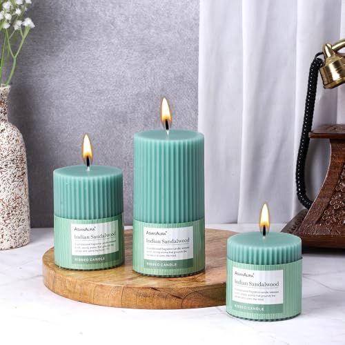 Image of ASIAN AURA Ribbed Pillar Candles - Pack of 3 | Scented Candles for Home Decor, Gifting & Festive Use | Long Burn time up to 36hrs | Clean-Burning Wax & Smokeless Flame (Indian Sandalwood)