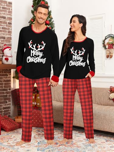 Christmas Pajamas for Couples Men & Women Long Sleeve Christmas Plaid Pjs Xmas Printed Sleepwear with Pockets2
