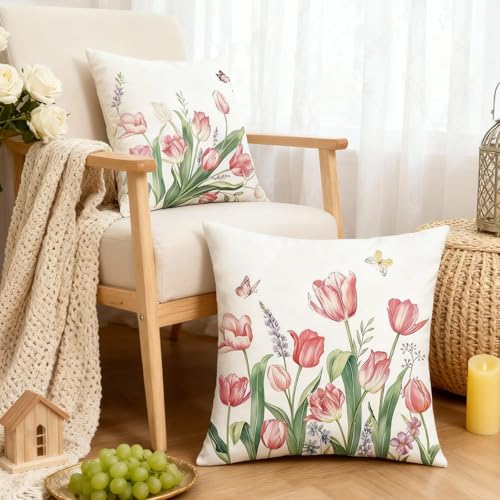 2 Stück Kissenbezug Frühlingsdeko 50x50cm, Tulpe Blumen Blätter Frühling Kissenbezüge mit Lavendel Muster, Leinen Kissenhülle Frühjahr, Sommer Frühlingdeko für Wohnzimmer Schlafzimmer Sofa Decoration