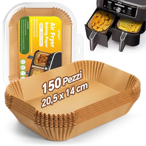 LaFleurs Carta Forno per Friggitrice ad Aria Doppio Cestello, 150 Pezzi 20,5x14cm Rettangolare Contenitori Fogli Air Fryer Accessori per Ninja AF300EU / AF400EU e Altri Doppio Zona AirfryerAir Fryer