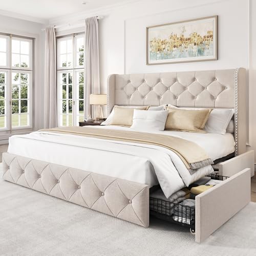 LARMACE Queen Size Bed Frame with 4 Storage Drawers and Tufted He...