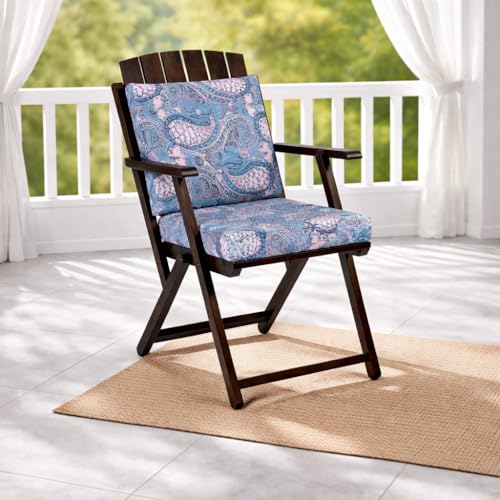 Image of WELL KNOWN Foldable Wooden Outdoor Chair with Cushioned Seat & Backrest - Patio Garden Armchair with Blue Paisley Fabric, Space-Saving Design, 34 Inch Height, Walnut Finish