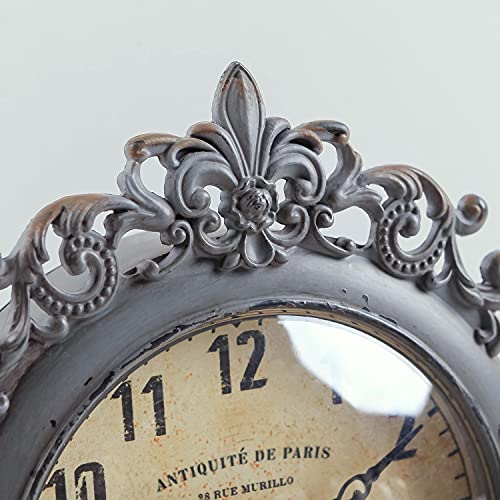 Nikky Home Small Vintage Table Clock, Decorative Shelf Desk Top Clock Battery Operated Round French Design, Farmhouse Home Decor For Bathroom, Tabletop, Desktop, Countertop, Rustic Grey #TOP4