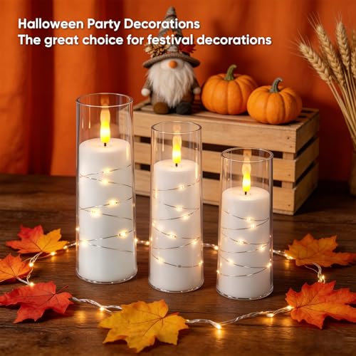 Image of Raycare Flameless Candle with Remote Timer, 3 Flickering Acrylic Battery Operated LED Pillar Candles with Embedded Star String for Home Decor, Christmas, Wedding, Home Table Decor(White)