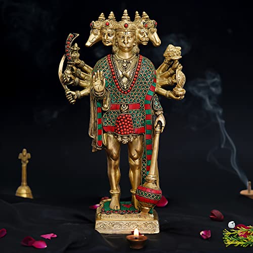 Image of eCraftIndia Golden And Colorful Stone Work Brass Handcrafted Standing Lord Panchmukhi Hanuman Idol, Auspicious Religious God Statue For Home Office, Temple, Gift For Hanuman Jayanti Festival, Devotees