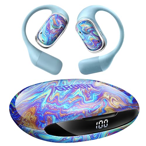 Groovz Open-Ear Plus True Wireless Headphones with Battery Display - Designed & Engineered in the USA - Multi-Point Pairing Bluetooth Open Ear Earbuds Compatible with Apple & Android - Oil Slick