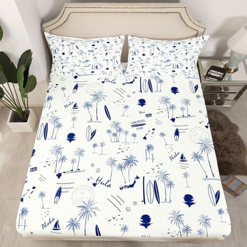 Coastal Beach Fitted Sheet Full Size,Surfboard Sailboat Palm Tree Bedding Set 3Pcs for Kids Girls Boys Teens Room Decor Summer Ocean Life Bed Sheet Navy Blue White Deep Pocket Sheet,2 Pillowcases