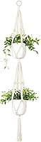 Mkono Macrame Double 2-Tier Plant Hanger with Beads - 49" Indoor Outdoor Cotton Rope Hanging Basket for 7" Pots