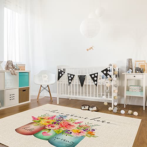 Floral Area Rug For Bedroom Living Room- Watercolor Style Vase Flower Hello Spring Contemporary Floor Carpet Comfy Runner Rug Nursery Playmats Home Decor Mat, #TOP2