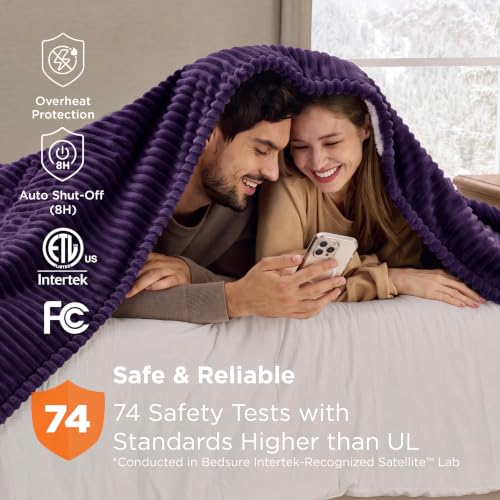 Image of Bedsure Ribbed Electric Blanket Queen, Purple Heated Blanket, Preheat