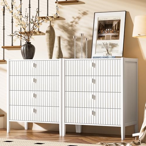 Image of Furniway White 4 Drawer Dresser, 31.5 inch Wide Modern Chest of Drawers with Fluted Front and Metal Handles, Storage Dresser for Bedroom, Living Room, or Entryway