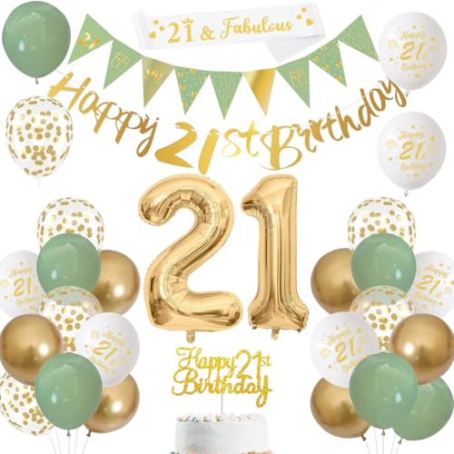 21st Birthday Decorations Sage Green Gold White 21st Birthday Banners Balloons Cake Topper Sash Bunting Flags Number Helium Balloons for 21st Party Deco