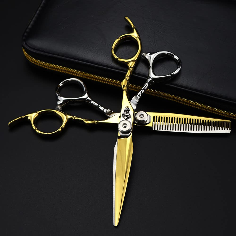 Taglio dei Capelli, 6 Pollici Professionale 440C Acciaio Oro Forbici Corona Taglio dei Capelli Barbiere Taglio dei Capelli Sfoltire Forbici Parrucchiere（Set with Bag-B）
